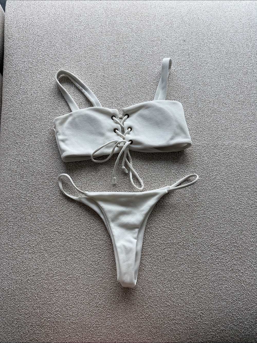 Zaful White Lace-Up Ribbed Bikini Set